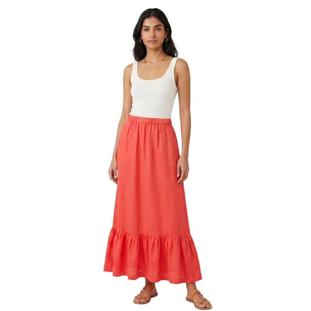 CALYPSO ST BARTH Tiered Maxi Skirt Linen Blend Coral Ruffle Small NWT $225